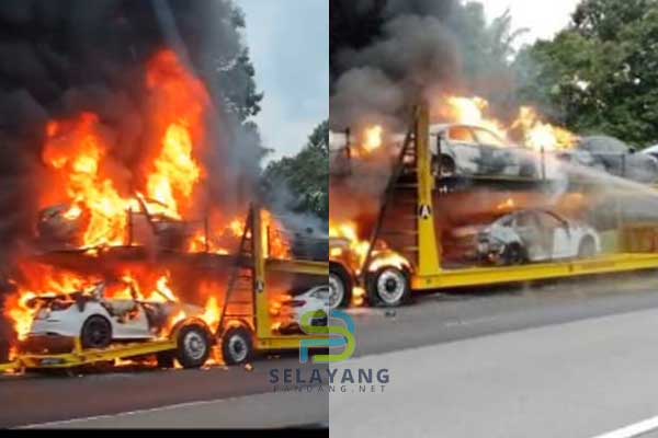 Honda Civic FE atas transporter musnah terbakar di lebuh raya (PLUS)