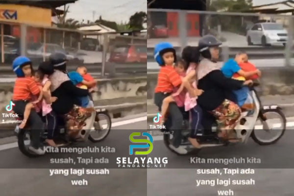 Ibu bawa 4 anak berhimpit naik motosikal undang simpati orang ramai